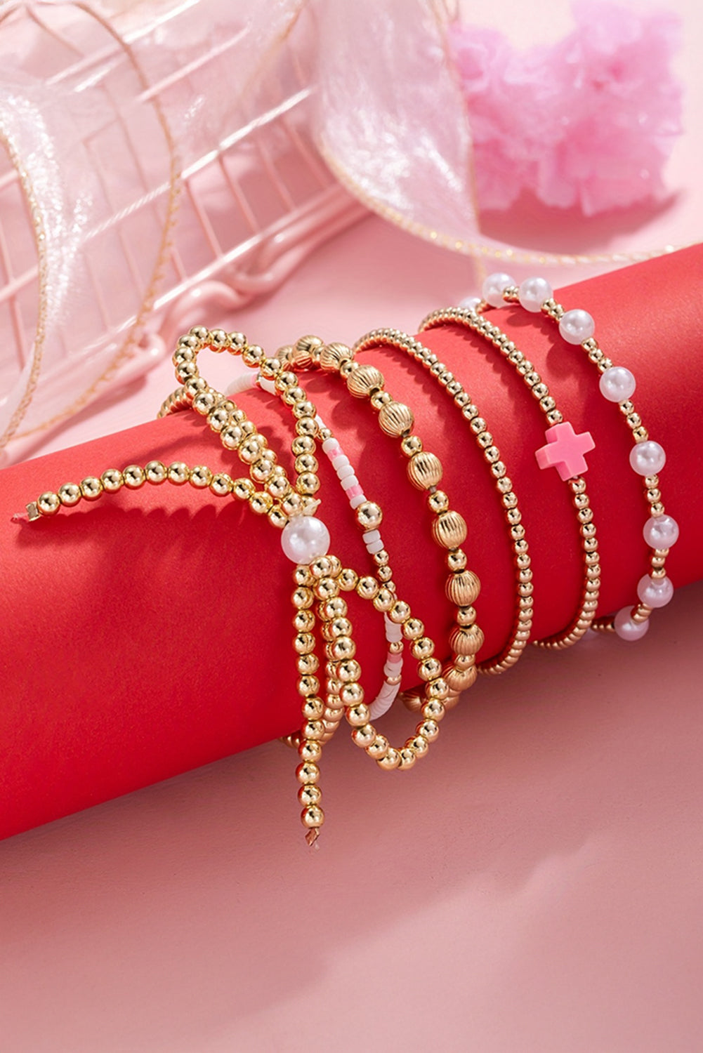 Gold Bow Pearl Cross Beaded Bracelet Set c9f1f008f05d70f4