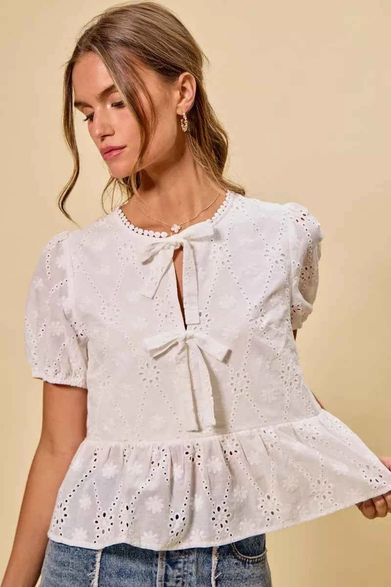 SO ME Cotton Eyelet Front Tie Short Sleeves Blouse WHITE c9f21c600e5640aaa73bb95228064c1f-Max-Origin