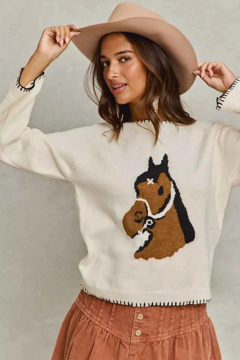 SO ME Horse Knit Sweater Top with Blanket Stitch c9f34629c7a346779d3342394b565b22-Max-Origin