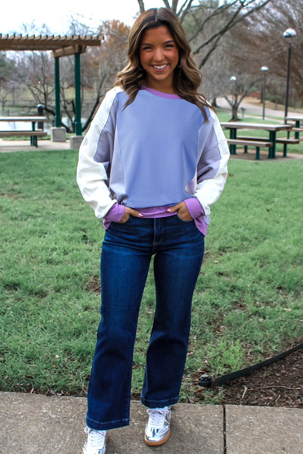 Blue Colorblock Patchwork Round Neck Pullover Sweatshirt c9f35010ccfde7b4