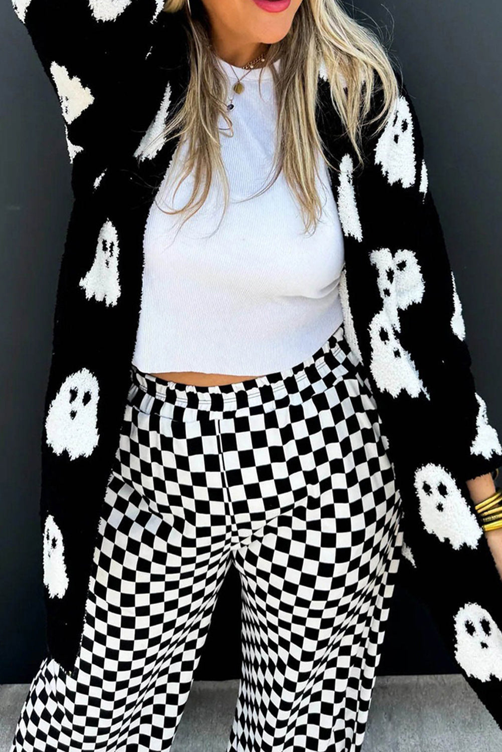 Black Halloween Ghost Pattern Mid length Knitted Cardigan c9f69e2175acbc0b