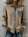 Denim Trim Cable Knit Cardigan Tan c9fdabc7-c1b4-4724-b066-f21f59d570b1-Max-Origin
