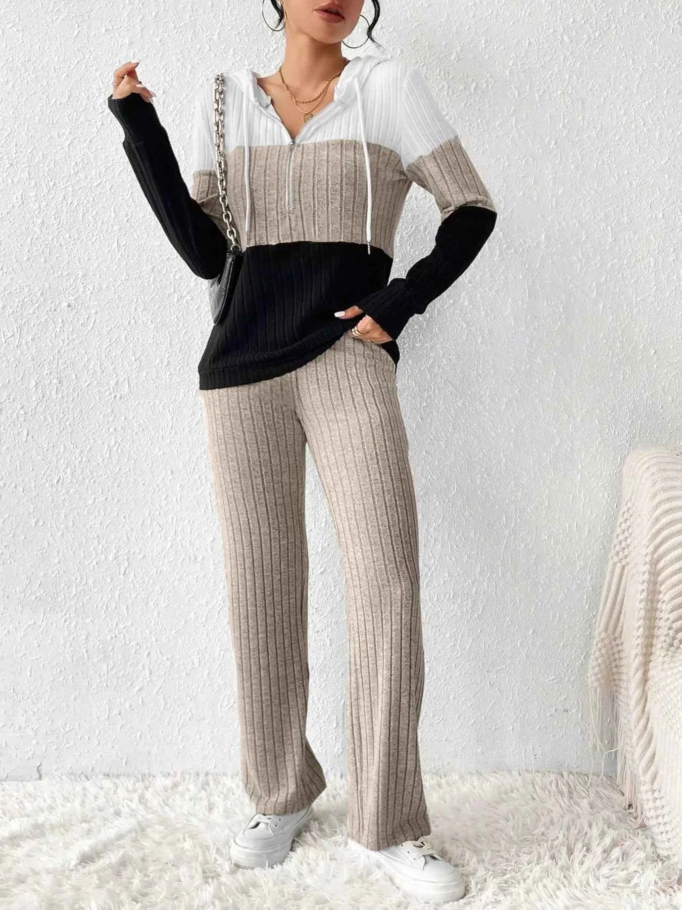 Color Block Half Zip Hooded Top and Pants Set Apricot ca00279ce5a24dd8be129b0a08b0abc4-Max-Origin