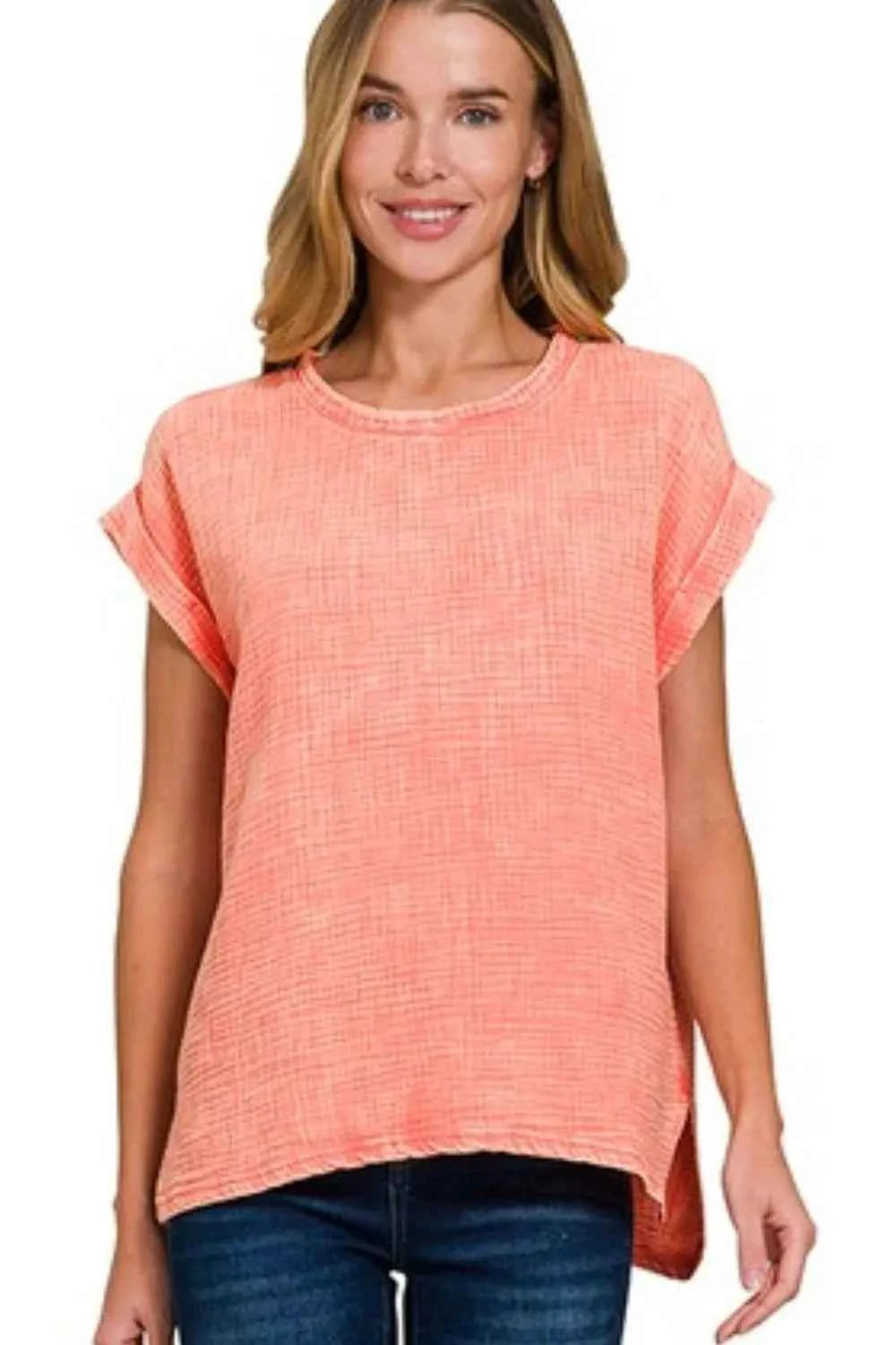 Zenana Woven Double Gauze Acid Washed Short Sleeve Top ca014a5e-bda8-4da4-a5bb-8a7b337eff39-Max-Origin
