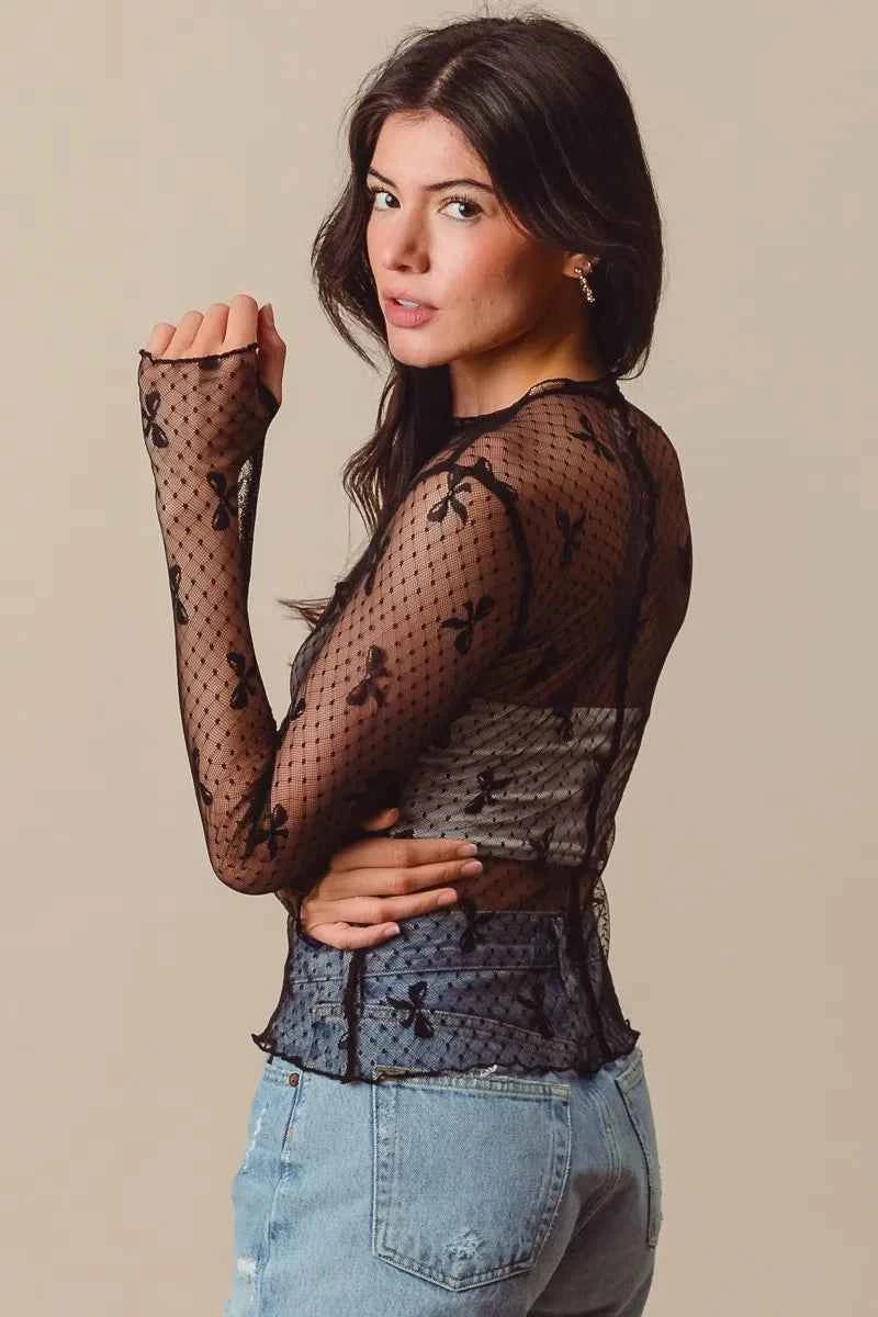 SO ME Bow Ribbon Pattern Sheer Lace Top ca1219ccb5974b7c8d243b0817726741-Max-Origin