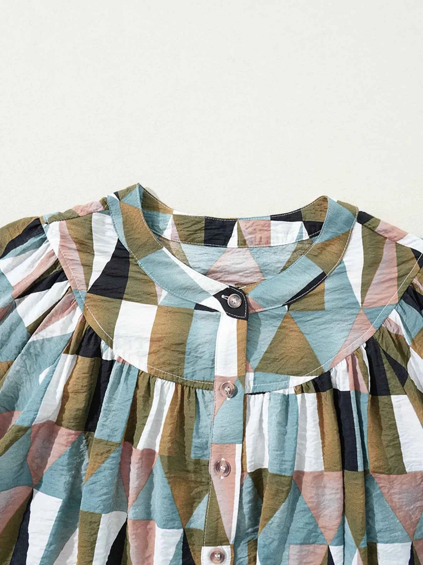 Geometric Print Buttoned Balloon Sleeve Loose Fit Shirt ca1309b2ae2740b1aeb16360d339e023-Max-Origin