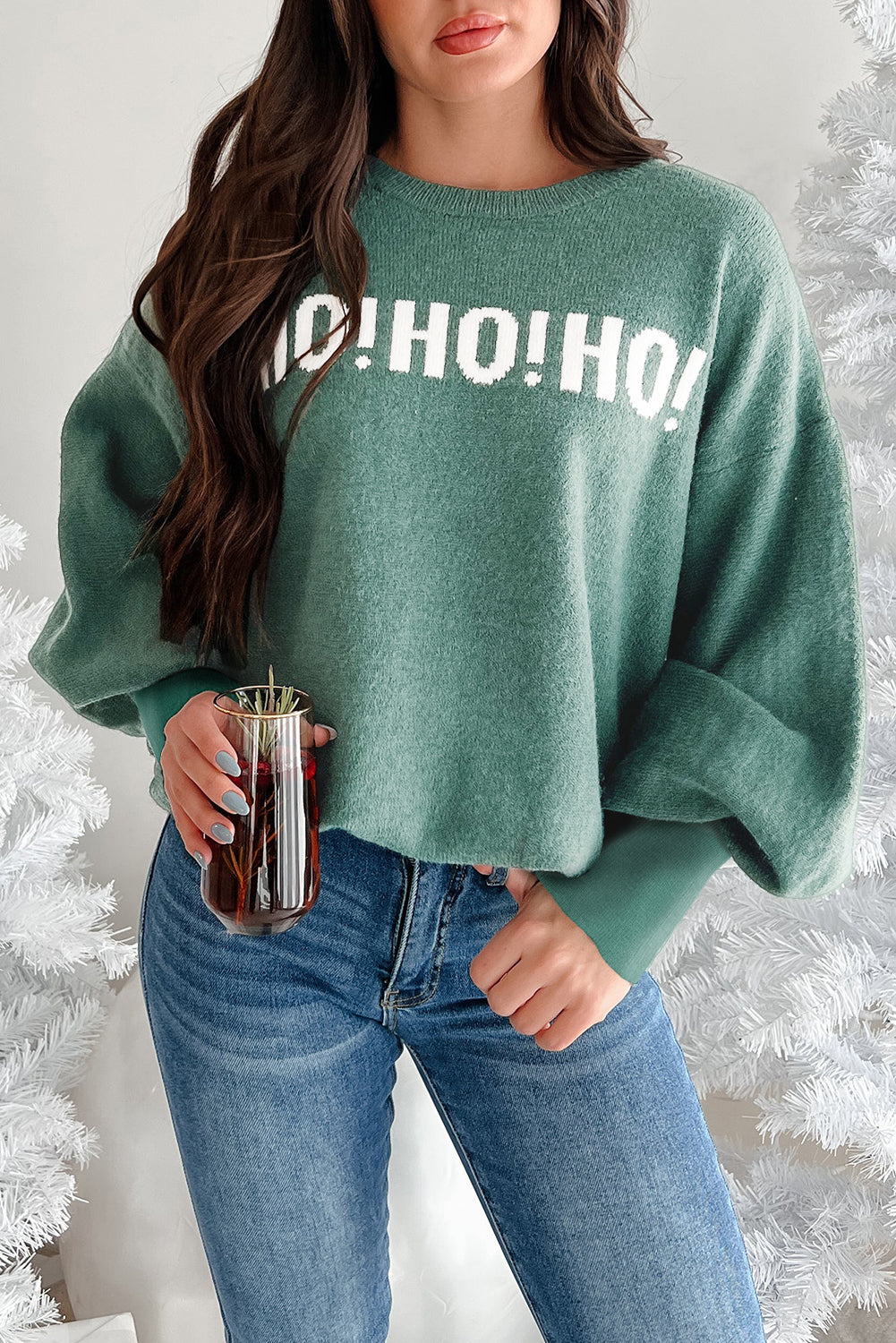 Blackish Green MERRY CHRISTMAS HO HO HO Drop Shoulder Loose Sweater Blackish Green 52%Viscose+26%Polyester+22%Polyamide ca16e662b739ce21