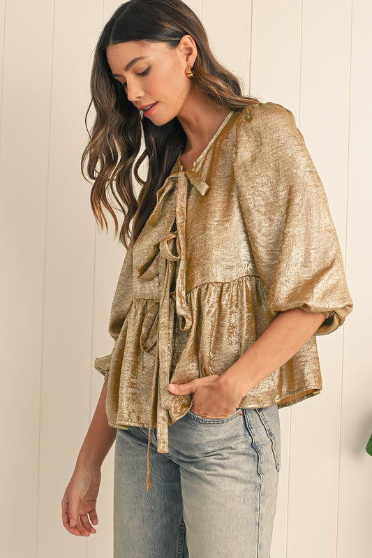 Gold Solid Color Bowknot Front Puff Sleeve Blouse ca1d13255a535c6b