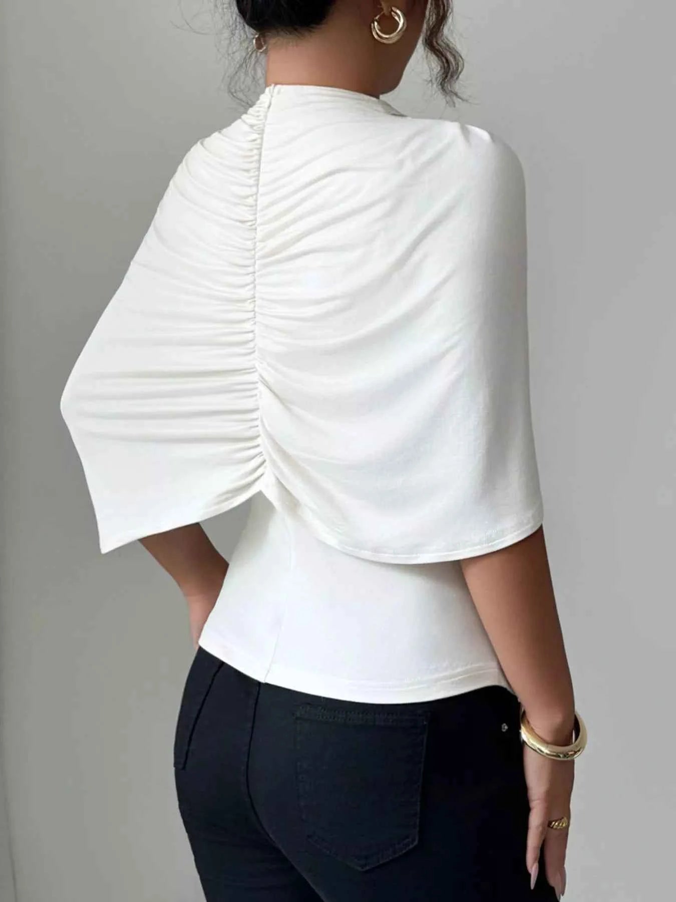 Ruched Mock Neck Shawl Half Sleeve Top ca1ebfce-cc48-40fe-9dc9-6d7b93b2ae80-Max-Origin