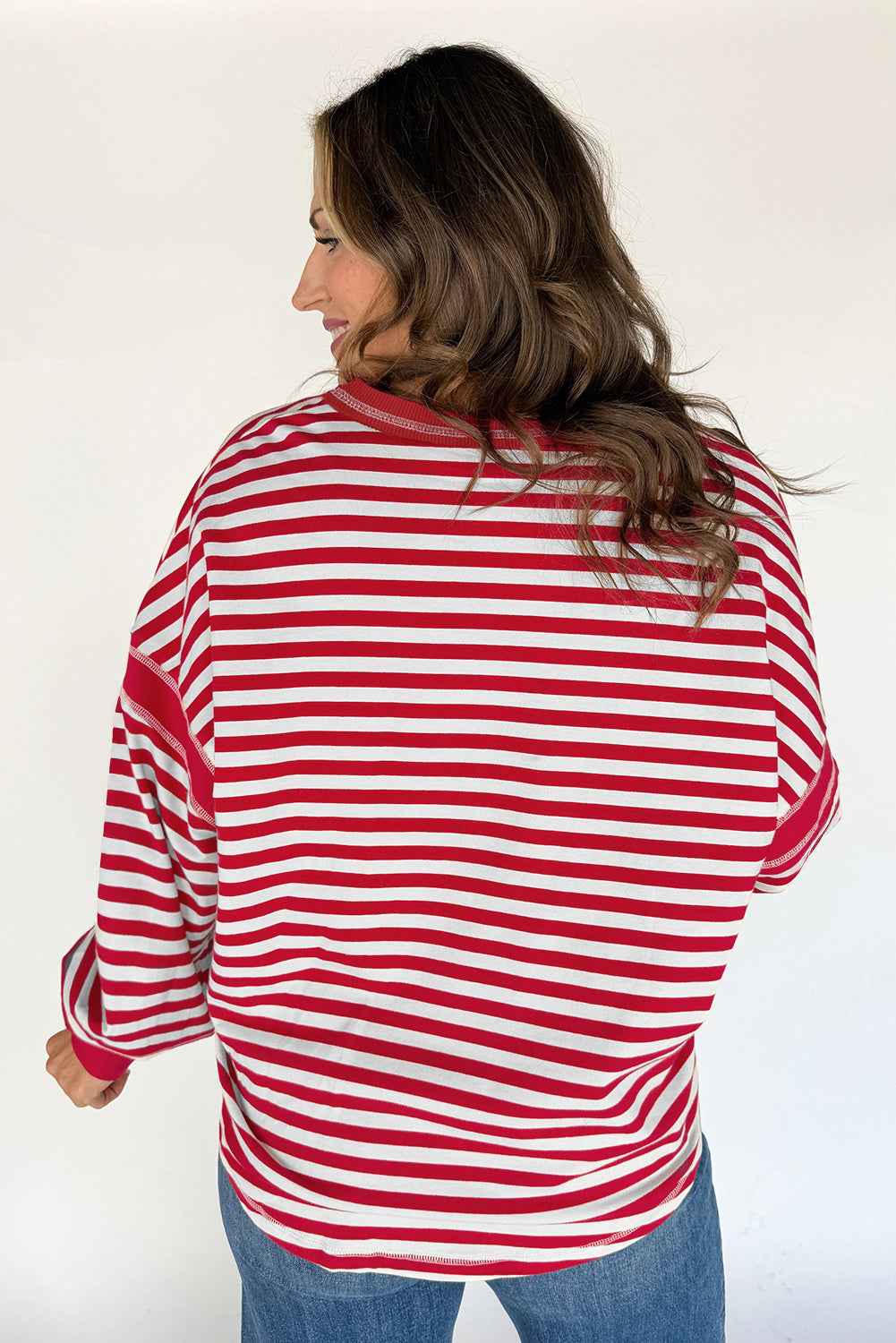 Red Striped Balloon Sleeve V Neck Blouse ca1ee1b56c6415e1
