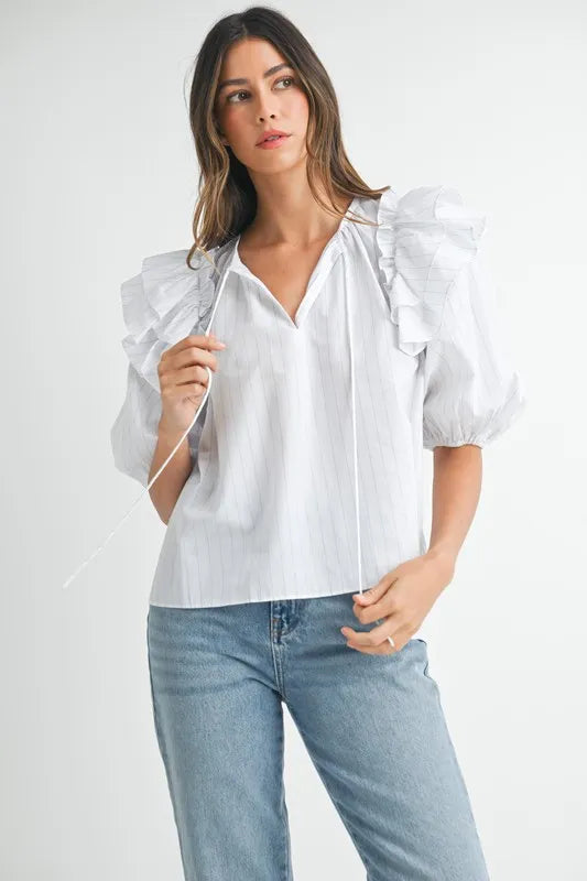 Stripe Ruffle Shoulder Puff Sleeve Blouse ca1f82db77c34a1a9d90e95db4f8e114-Max-Origin