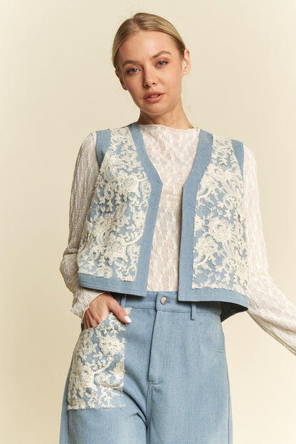 Davi & Dani Lace Patch Open Front Denim Vest