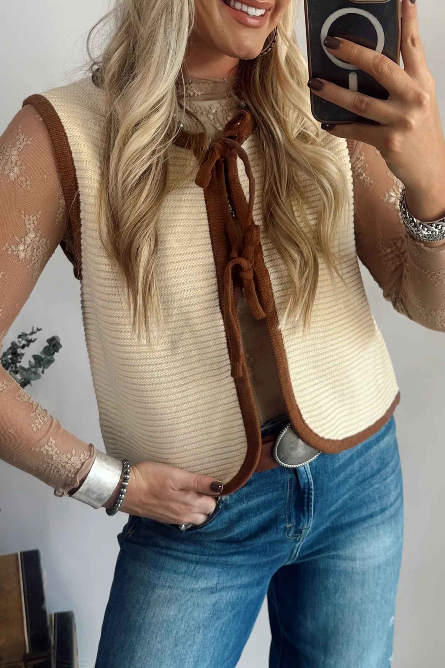 White Horizontal Ribbed Knit Contrast Trim Ties Front Sweater Vest White 55%Acrylic+45%Cotton ca204b3898e30a87