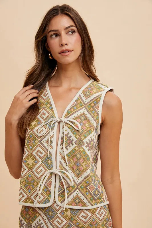 Ethnic Woven Jacquard Tie Front Vest ca21b93c1afb499e8c76c0aa9796ca84-Max-Origin