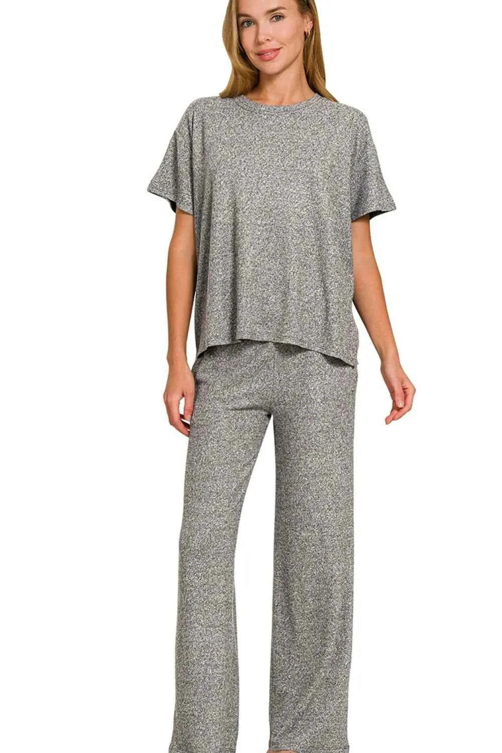 Zenana Soft Melange Short Sleeve Tee & Long Pants Set ca21ba16-feb6-423a-98cc-9abf89c0897e-Max-Origin