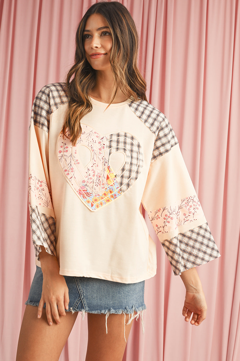Aqua Plaid Floral Patchwork Heart Long Sleeve Top ca23c5434059730b