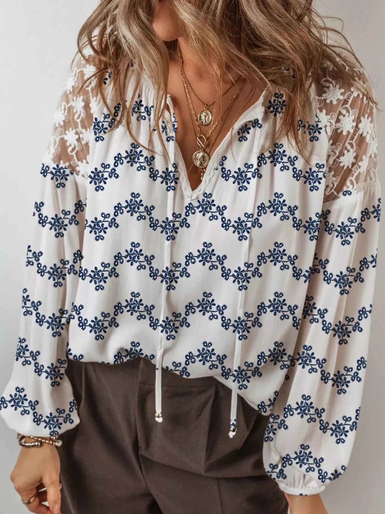 Printed Tie Neck Lace Long Sleeve Blouse Dusty Blue ca286a47-616b-4b9f-966f-ff121cbb9534-Max-Origin