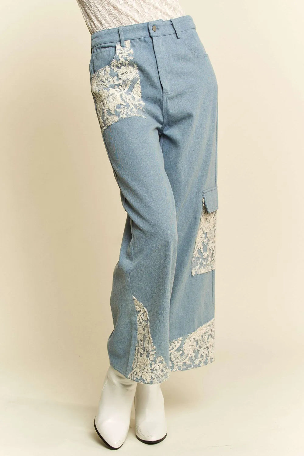 Davi & Dani Lace Applique Wide Leg Jeans ca2ba1aa-c16f-4697-8561-419e86e575f7-Max