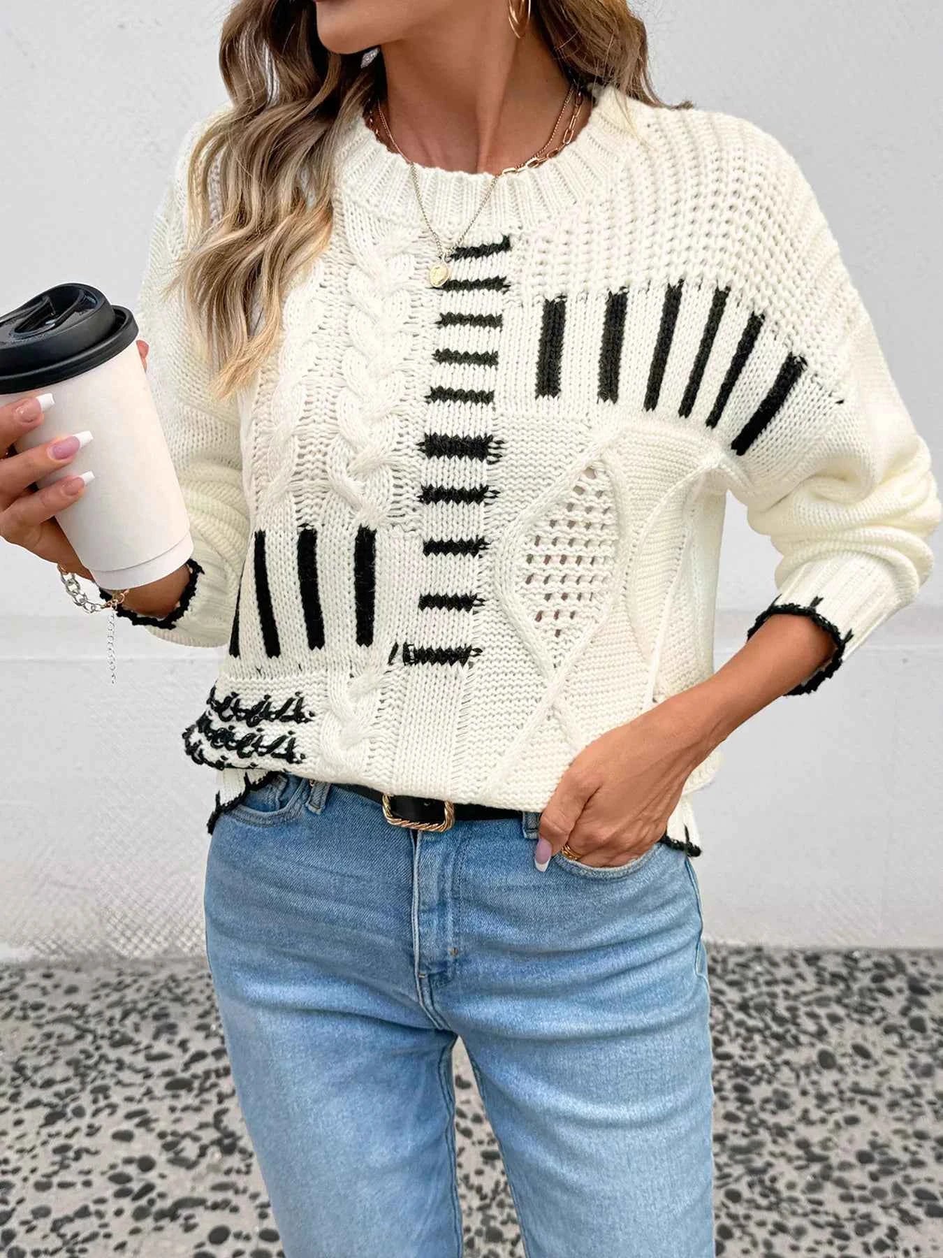 Cable Knit Round Neck Sweater Ivory ca335b95f9a14afe80260d8901f3a544-Max-Origin