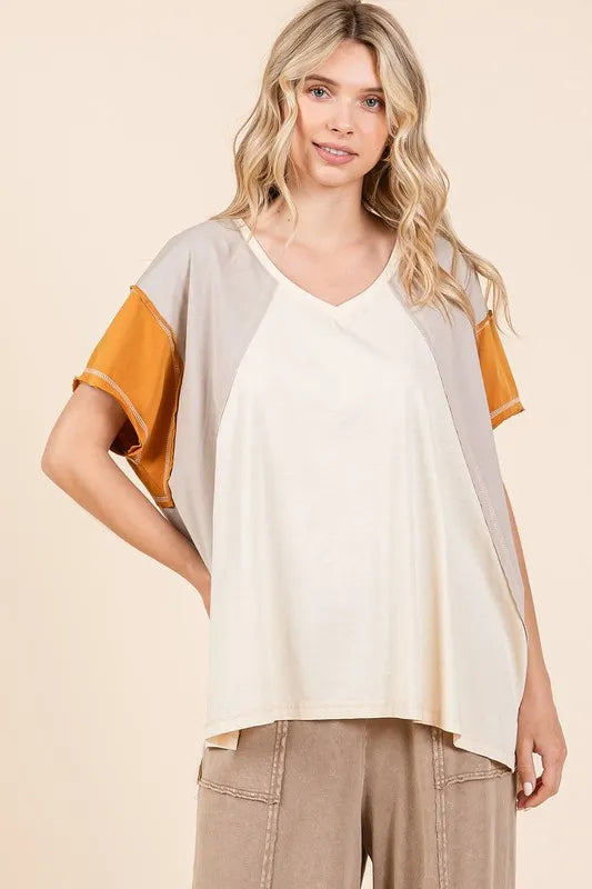 Mittoshop Color Block V-Neck Short Sleeve T-Shirt ca34a935-5ed4-4fbb-96fc-95cde7a11ac7-Max