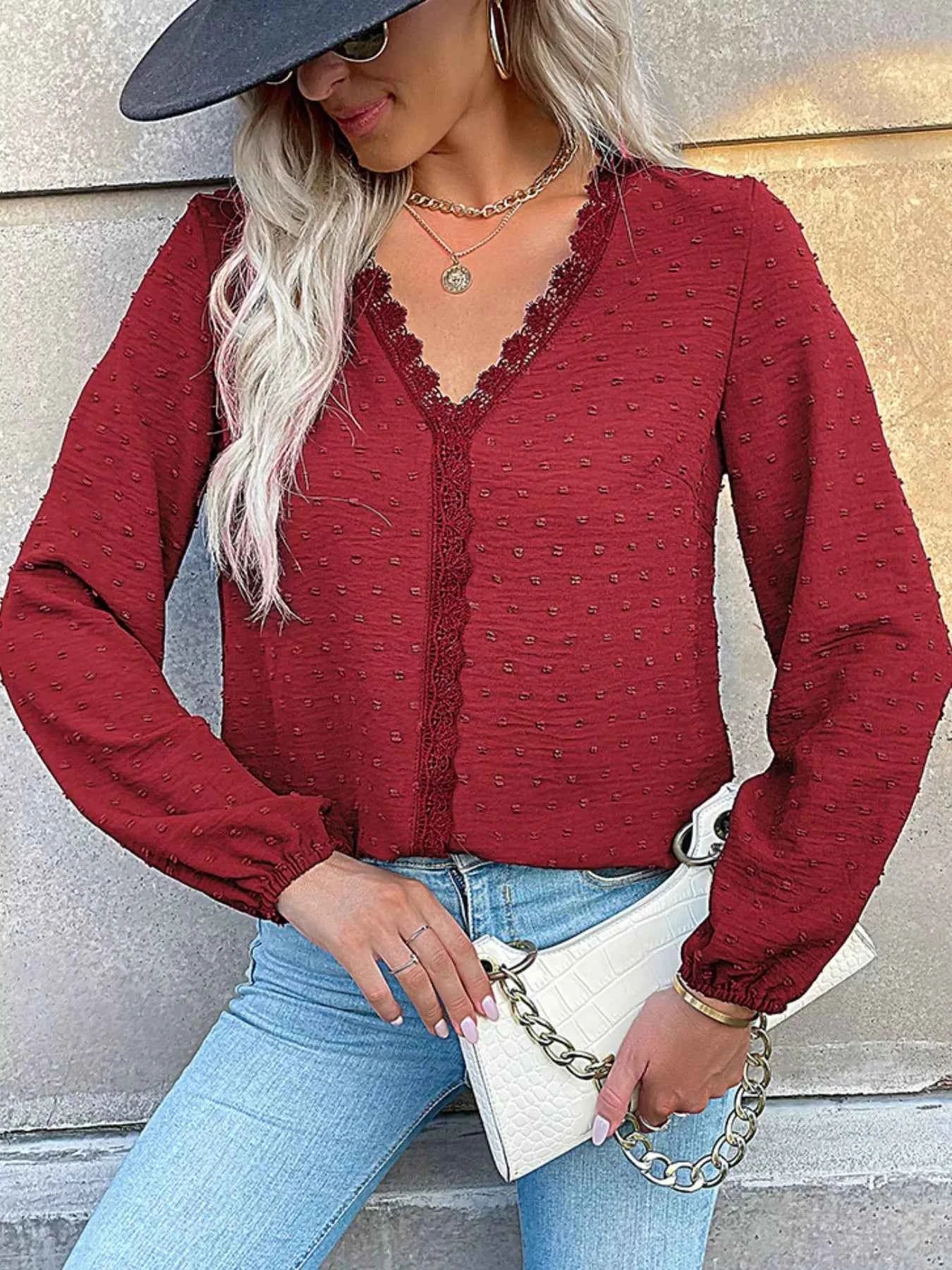 Lace Detail V-Neck Long Sleeve Blouse ca34ea6a-7b66-444c-b873-41b8f8c2edd6-Max-Origin