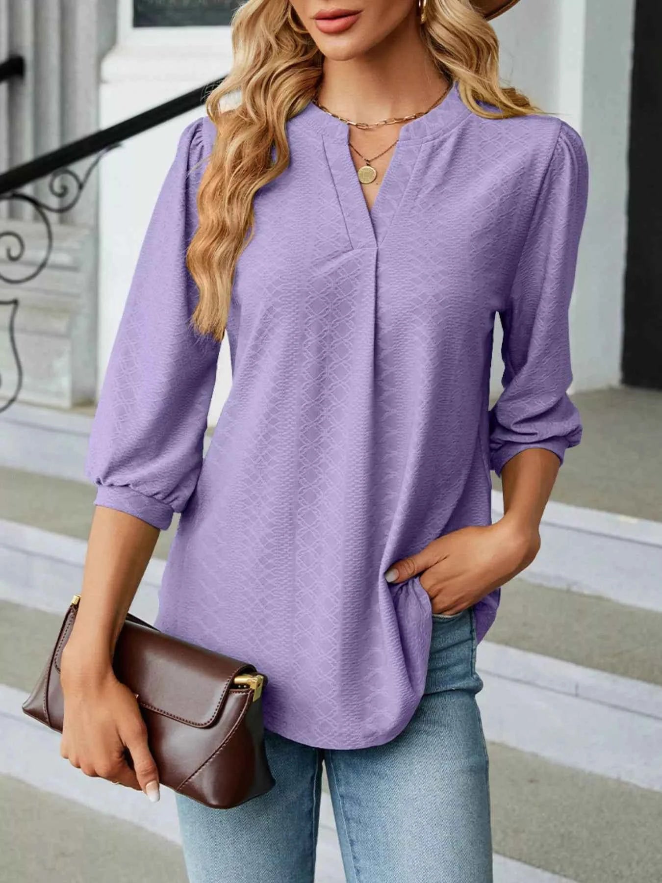 Notched 3/4 Sleeve Casual Top Lavender ca3520aa-4987-45cd-8f1b-661dfdab7e59-Max-Origin