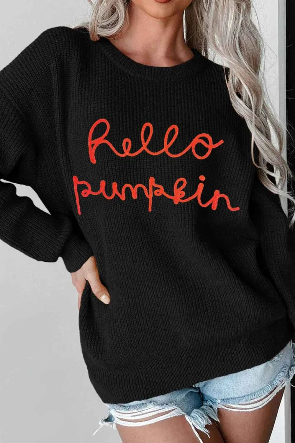 HELLO PUMPKIN Round Neck Long Sleeve Sweater Black ca372587-72db-4518-991d-5abcd66bf47b-Max