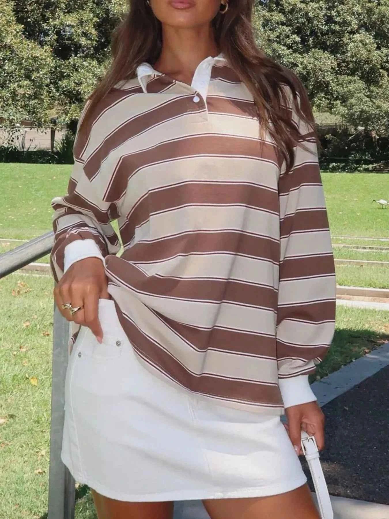 Striped Button Detail Long Sleeve Polo ca3c44d8-3020-4da9-a4b6-2811794583af-Max-Origin