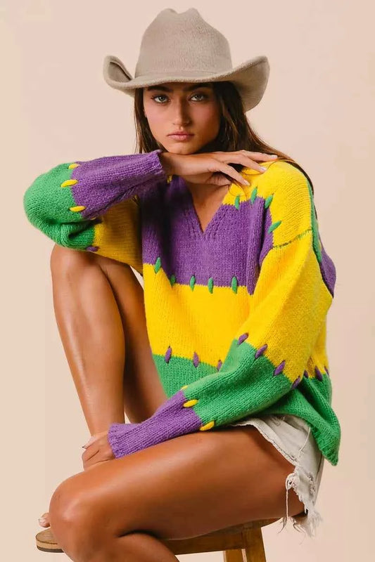 Stitch Detail Mardi Gras Stripes Sweater ca3d0c25d3664ed1b8dda7d6f7bb1848-Max-Origin