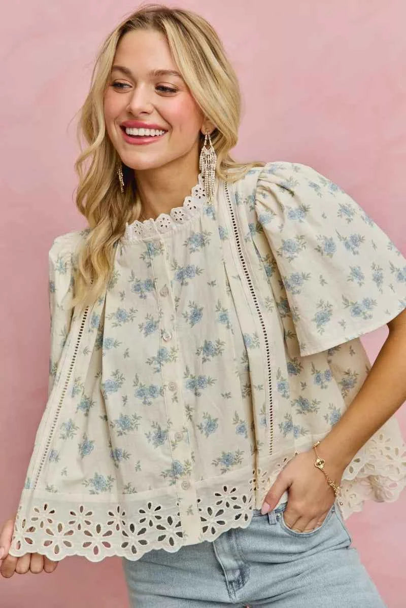 SO ME Floral Print Lace Trim Flutter Sleeves Blouse ca4145f0-4af4-47a8-a050-2128b3adaaf6-Max-Origin