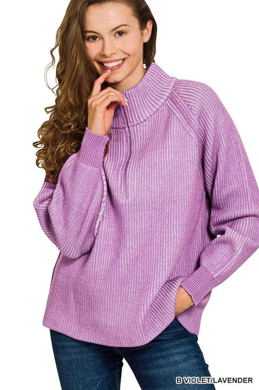 Zenana Ribbed Two Tone Half Zip Sweater ca431c215f344536b5476f065c596db8-Max-Origin