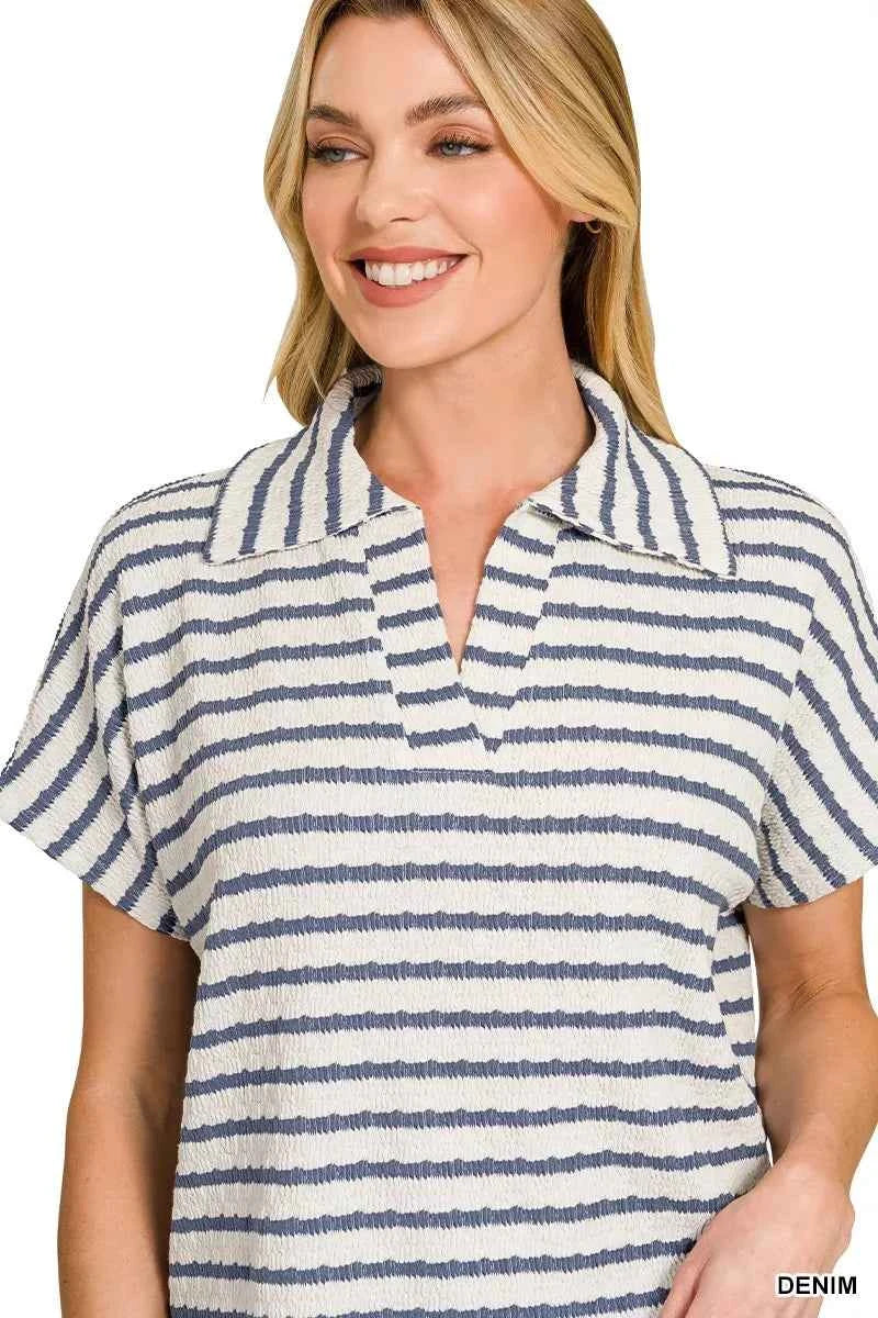 Zenana Striped Split Neck Collared Top ca45bed502f14575bf1a2d36b01abb03-Max-Origin