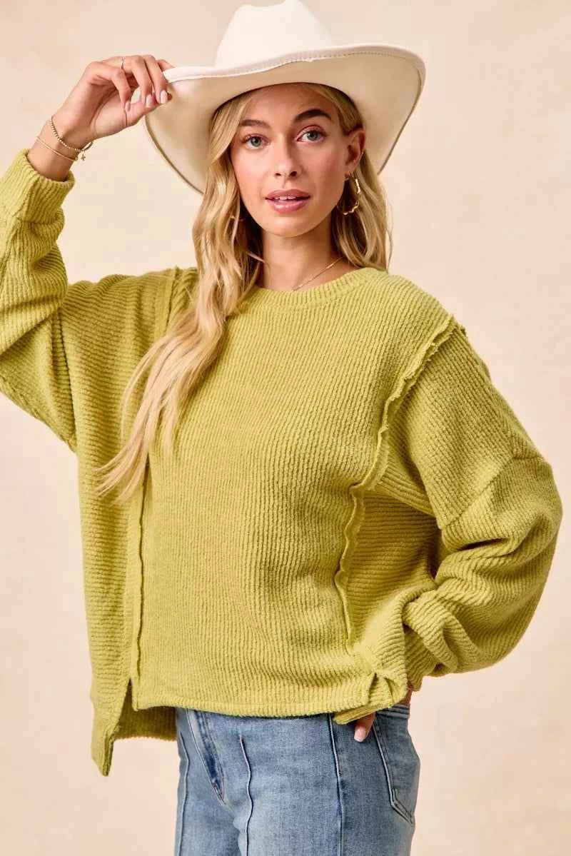BiBi Boucle Rib Knit Uneven Hem Sweater With Open Seam ca47dfcef50c4e2f97438cfe03fd8250-Max-Origin