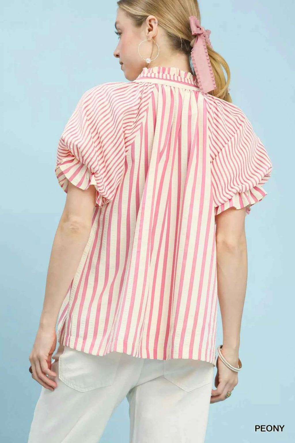 Umgee Striped Notched Top with Short Flutter Sleeves ca489814-031f-4b84-93ba-b93d6cbbe649-Max-Origin