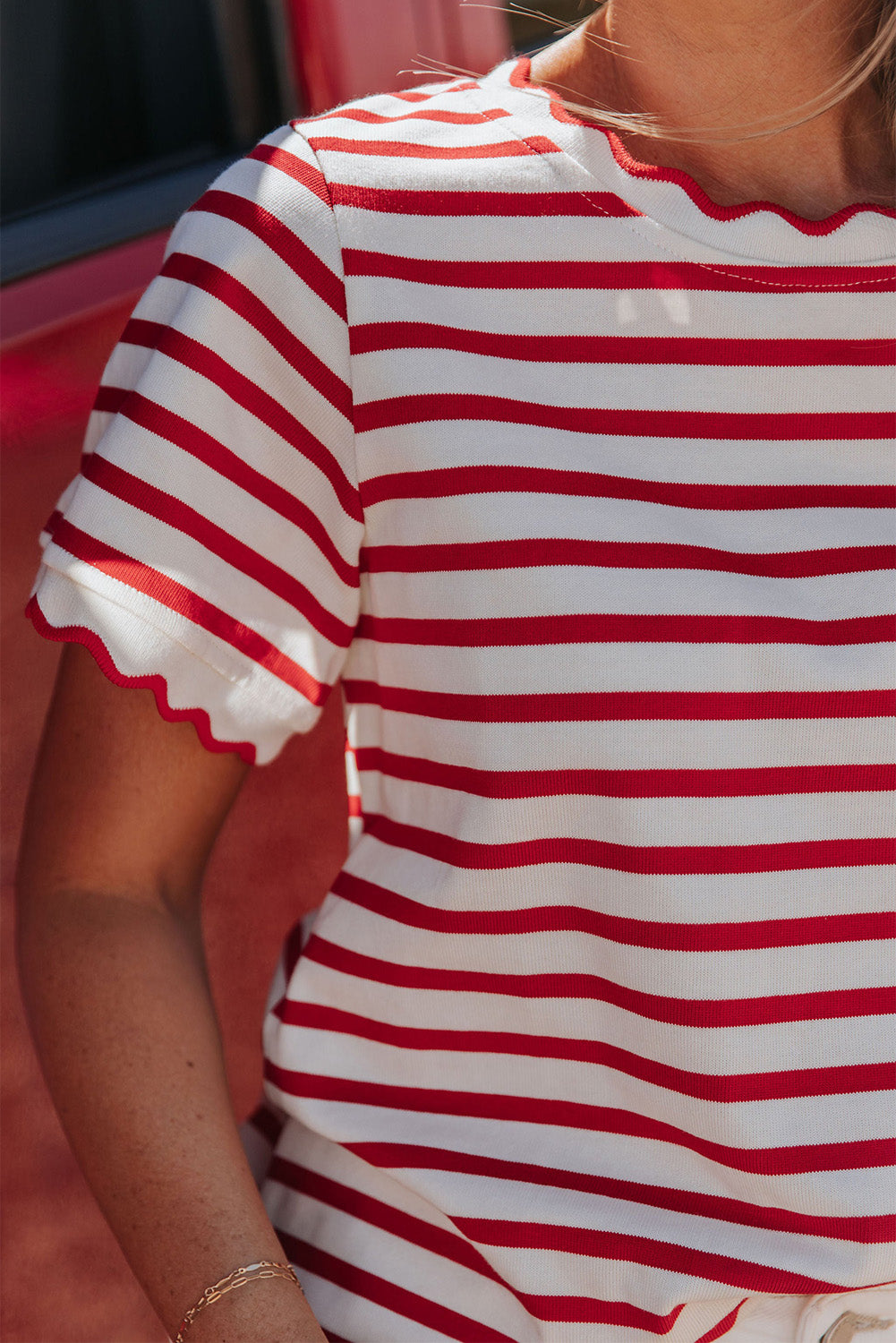 Red Stripe Scalloped Trim Round Neck T Shirt ca4a1e299cce30b0