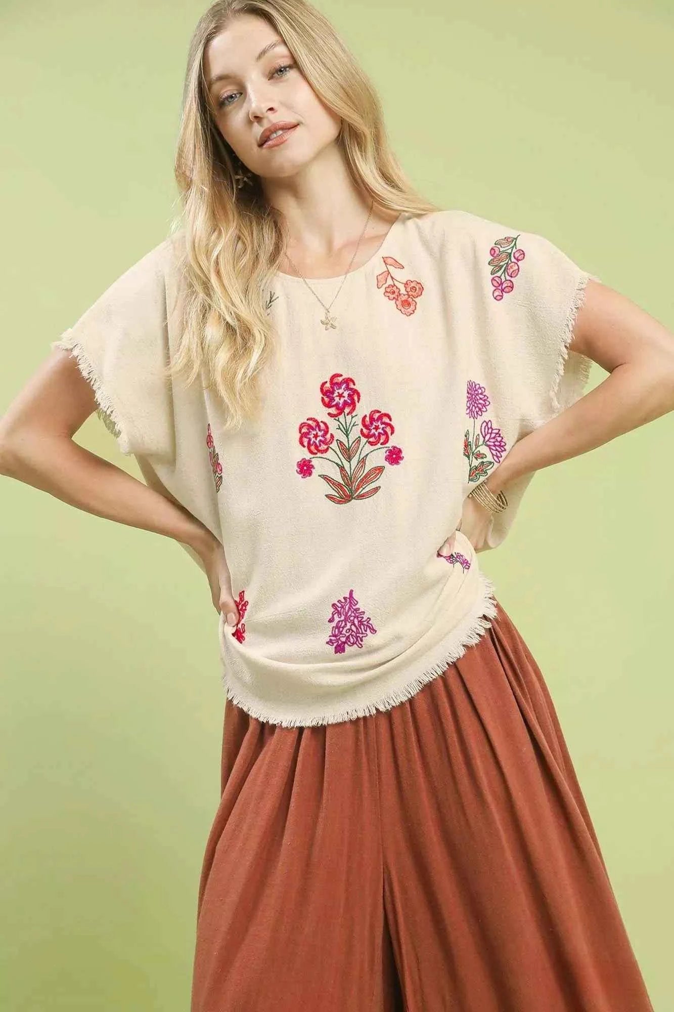 Linen Blend Embroidered Frayed Hem Top OATMEAL ca4a90ea-27f2-4a2a-9268-4fce8cd9e20d-Max-Origin
