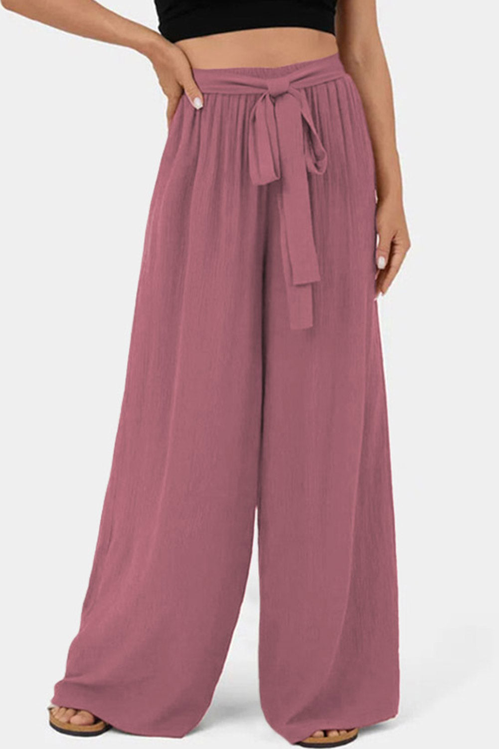 Rose Tan High Waisted Tie Front Side Pocket Wide Leg Flowy Casual Pants Rose Tan 95%Polyester+5%Elastane ca4c51845a8a629e
