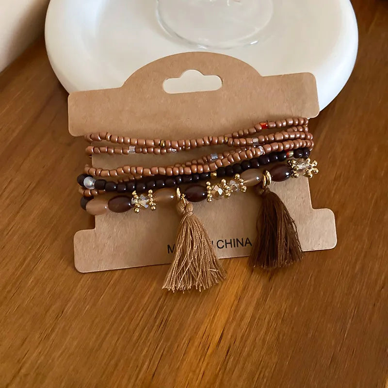 Tassel Rice Bead Bracelet Coffee Brown One Size ca4cb44c-c5ec-4a2d-934c-db249ec905b0-Max