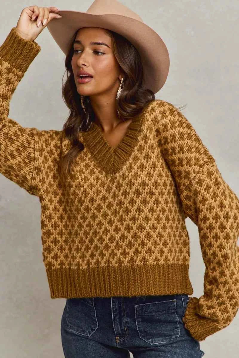 Color Block Textured Christmas Sweater V Neck Top ca4cb79432a6449baa6a8ccee2029d3f-Max-Origin