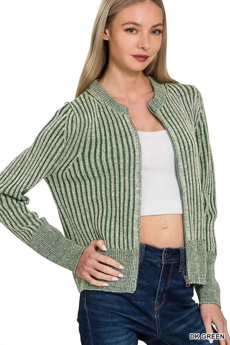 Zenana Ribbed Two Tone Zip Up Sweater Cardigan ca525461-c979-4aac-9f4d-3ee83fe3e8a2-Max-Origin
