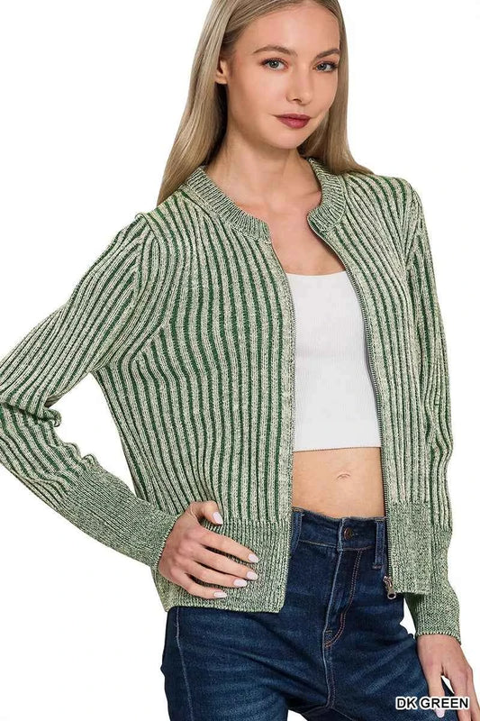 Zenana Ribbed Two Tone Zip Up Sweater Cardigan ca525461-c979-4aac-9f4d-3ee83fe3e8a2-Max-Origin