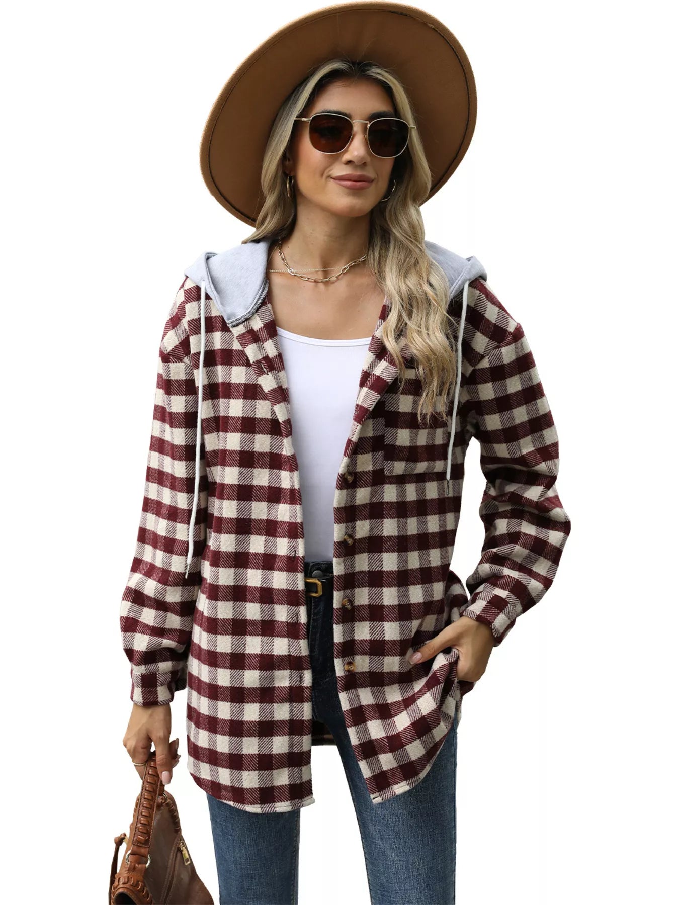 Plaid Button Up Long Sleeve Drawstring Hooded Jacket ca5487074b7b4153a94065556d1e07b3-Max-Origin