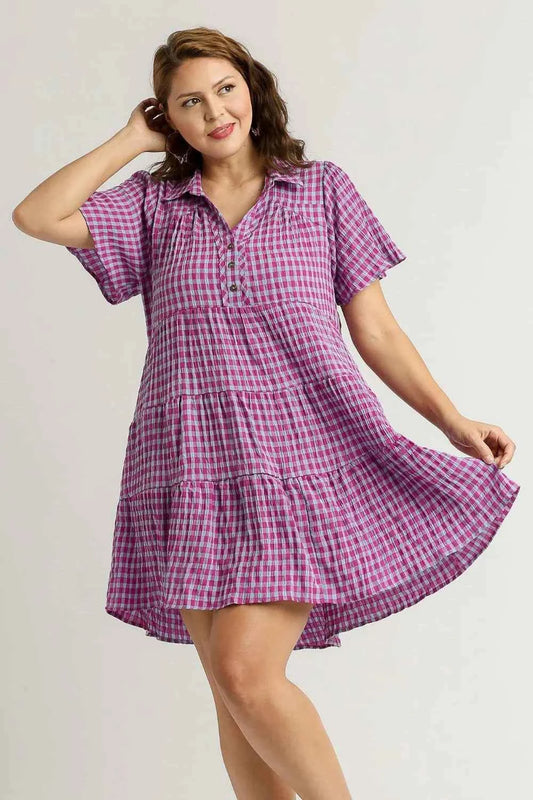 Full Size Gingham Tiered Button Detail Short Sleeve Dress Plus Size ca59bc5e-451f-4c7e-bec4-84e0808dc175-Max