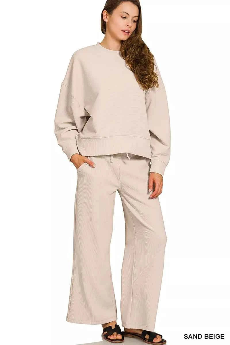 Zenana Ribbed Round Neck Pullover and Drawstring Pants Set SAND BEIGE ca5a638b610e44b8ad76faab358bc57c-Max-Origin
