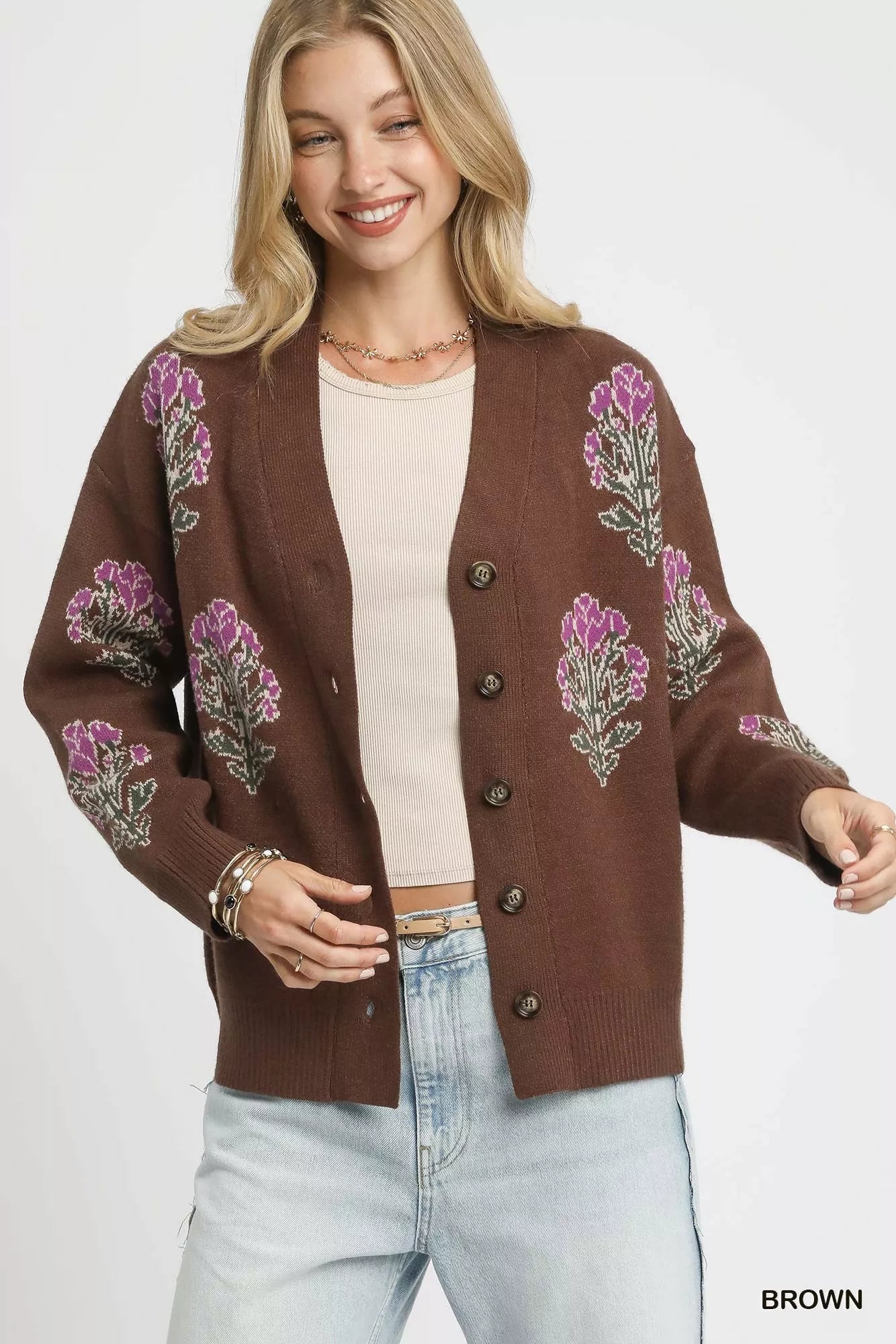 Umgee Single Flower Stem Jacquard Cardigan Sweater ca5b81f8-afbb-424a-8f9f-1c946653d0a6-Max-Origin
