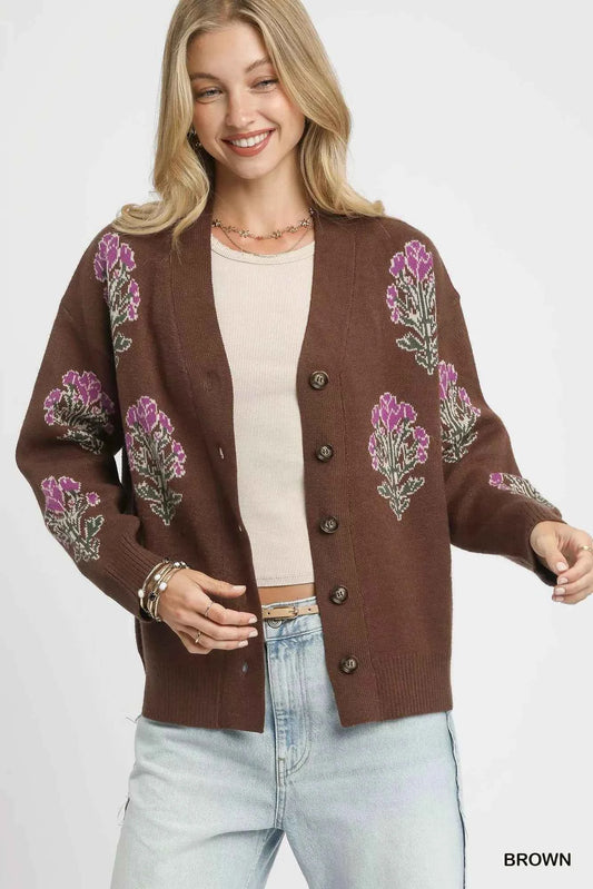 Umgee Single Flower Stem Jacquard Cardigan Sweater ca5b81f8-afbb-424a-8f9f-1c946653d0a6-Max-Origin