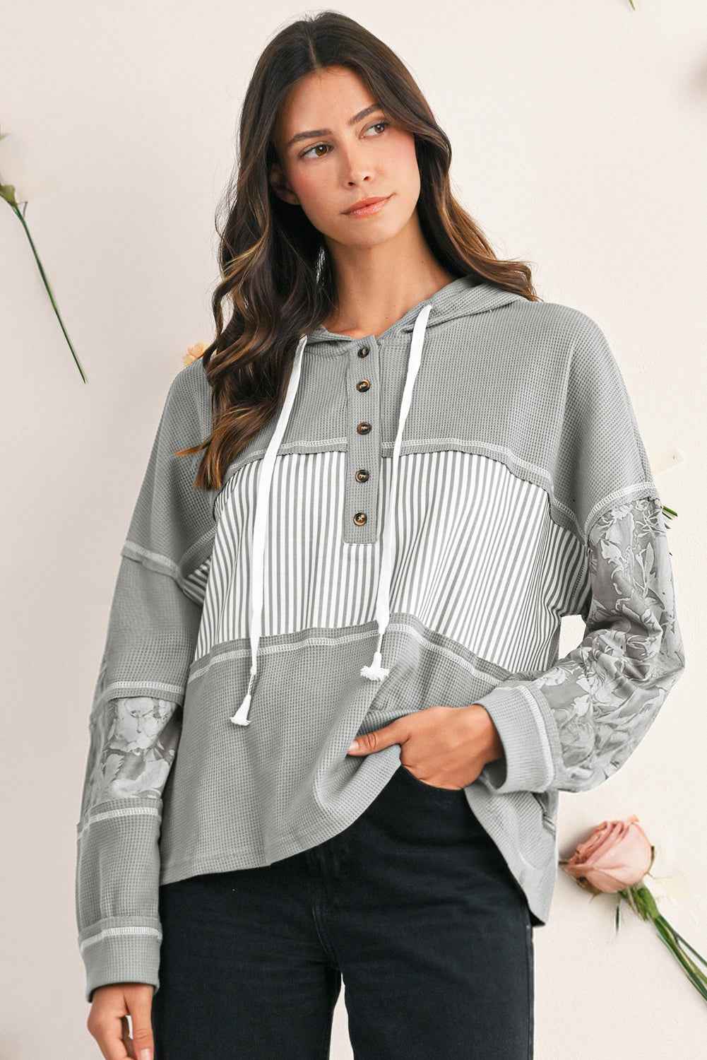 White Waffle Printed Patchwork Drawstring Hooded Long Sleeve Top Gray 75%Polyester+25%Cotton ca5e8e1d69310990