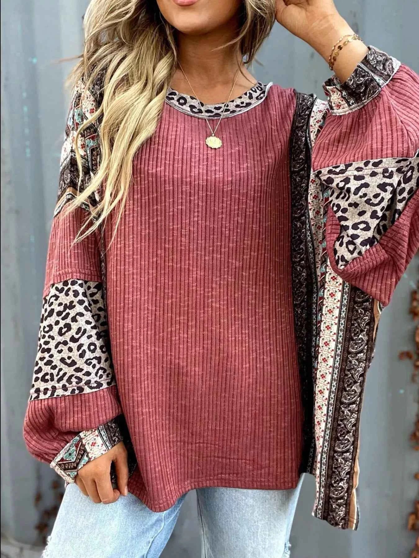 Leopard Color Block Ribbed Top Cerise ca5fa077-596d-4639-981f-97e2f2014ebc-Max-Origin