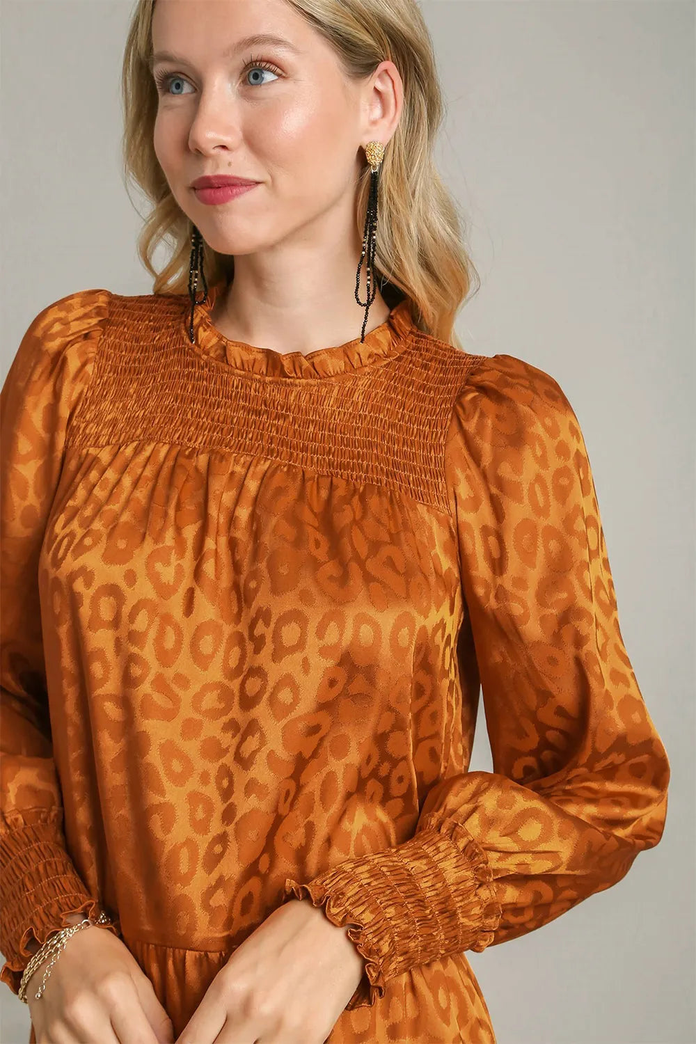 Umgee Smocked Leopard Long Sleeve Tiered Dress ca6527e9-4d39-417e-84ef-afab7e7cea82-Max