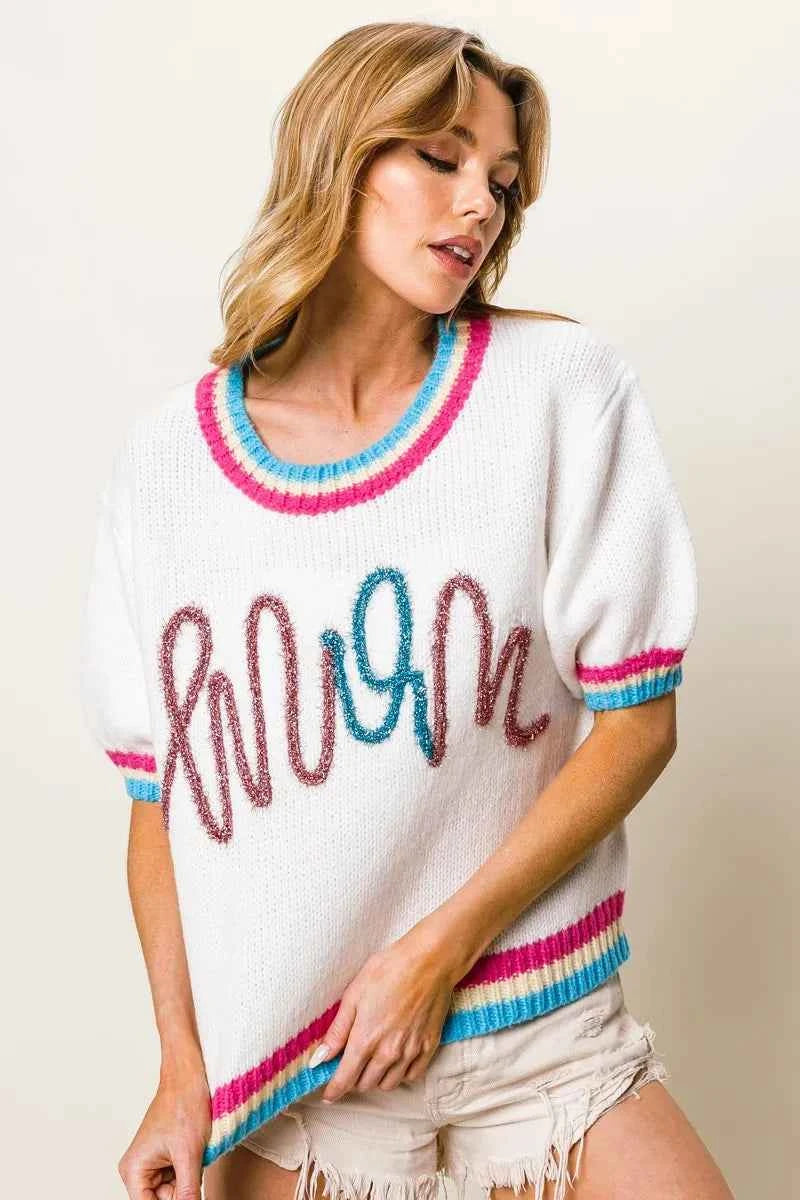 BiBi Metallic Letter Short Puff Sleeve Sweater ca6578a3c15a4dfdbd1ffcccd64a1add-Max-Origin